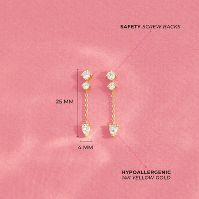 14k Gold Dangle CZ Teen Earrings Safety Screw Back