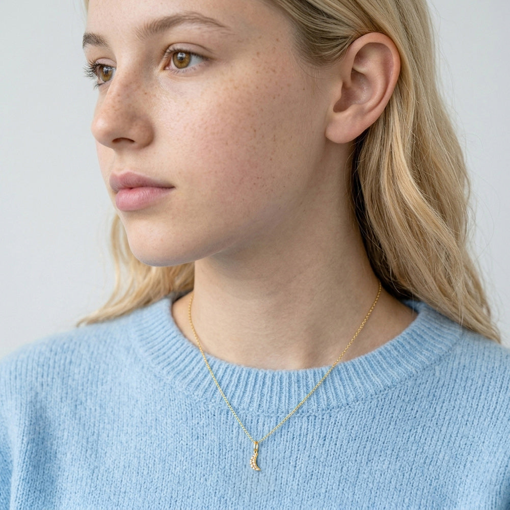 14k Gold Tiny CZ Encrusted Moon Teen Pendant