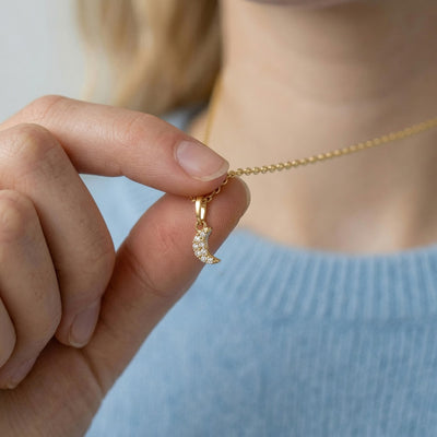14k Gold Tiny CZ Encrusted Moon Teen Pendant