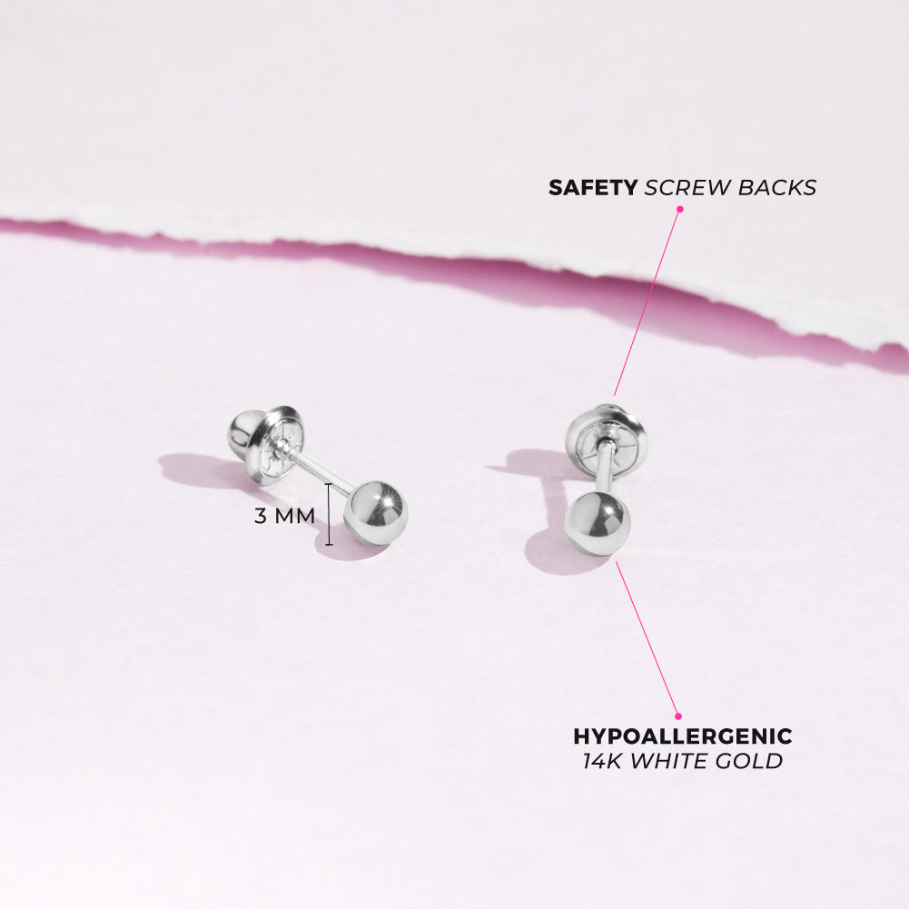 14k White Gold Classic Ball 3-4mm Baby Toddler Kids Earrings Safet