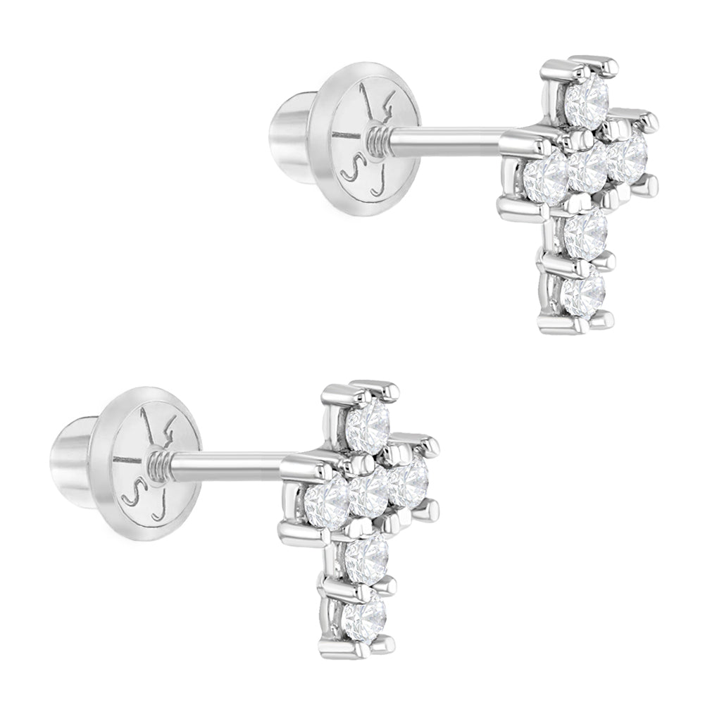 14k White Gold Classic Cubic Zirconia Jeweled Cross Baby / Toddler / Kids Earrings Safety Screw Back