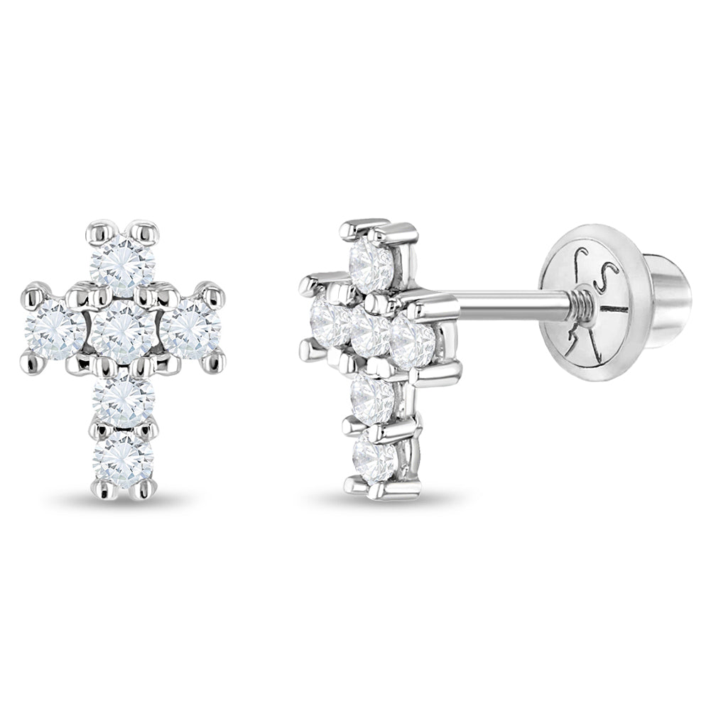 14k White Gold Classic Cubic Zirconia Jeweled Cross Baby / Toddler / Kids Earrings Safety Screw Back