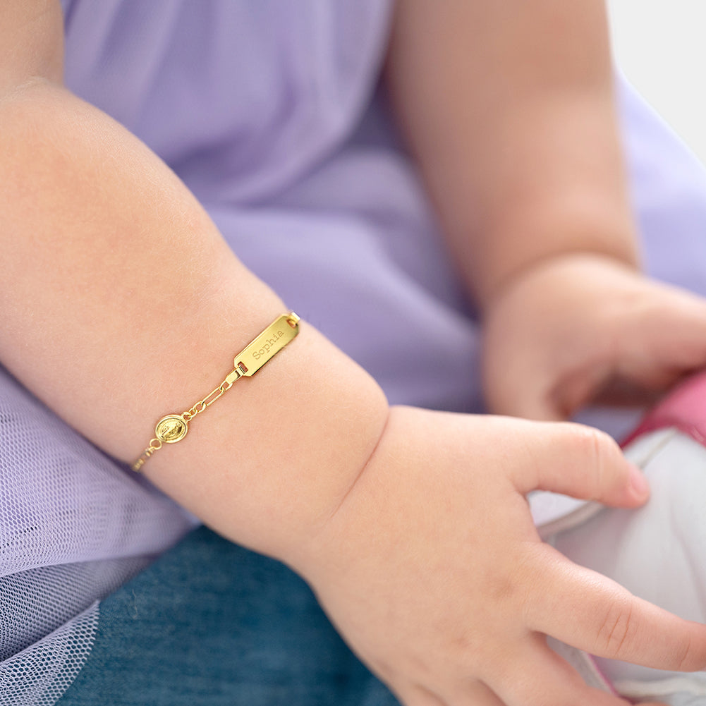 14k Gold Virgin Mary Tag ID Baby Toddler Kids Bracelet