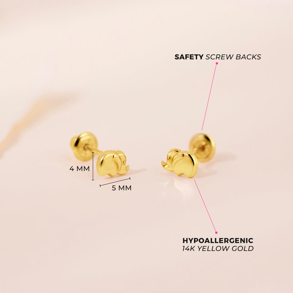 14k Gold Tiny Elephant 4mm Baby / Toddler / Kids Earrings Safety Screw Back