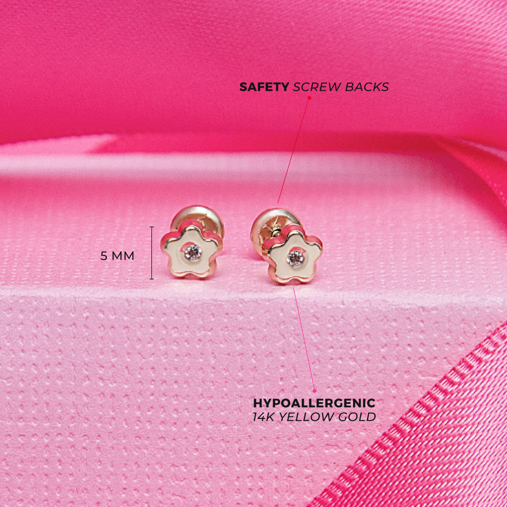 14k Gold Classic CZ Flower Baby / Toddler / Kids Earrings Safety Screw Back