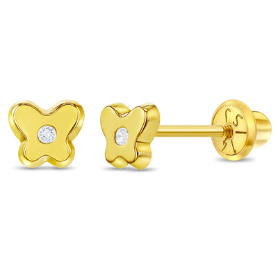 14k Gold Classic CZ Butterfly Baby / Toddler / Kids Earrings Safety Screw Back