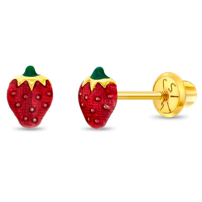 14k Gold Summer Strawberry Baby / Toddler / Kids Earrings Safety Screw Back Enamel