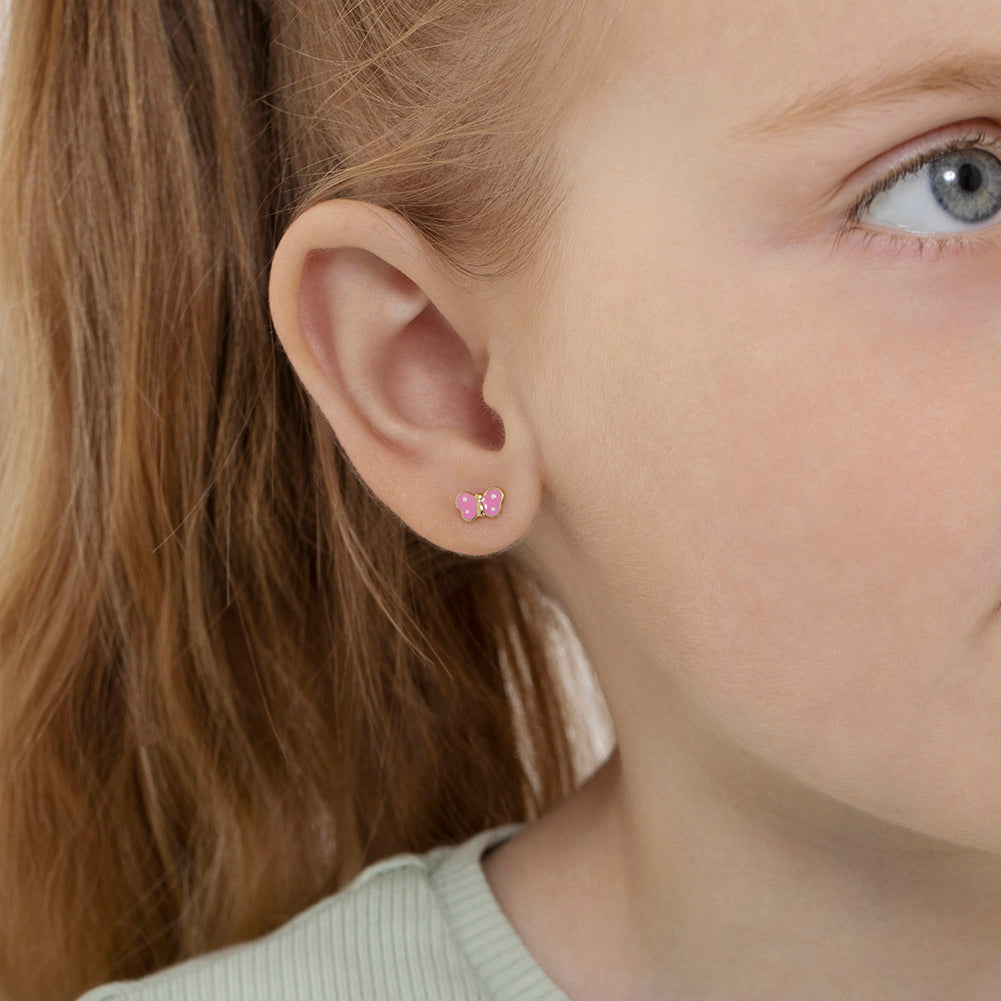 14k Gold Tiny Polka Dot Butterfly Baby / Toddler / Kids Earrings Safety Screw Back Enamel