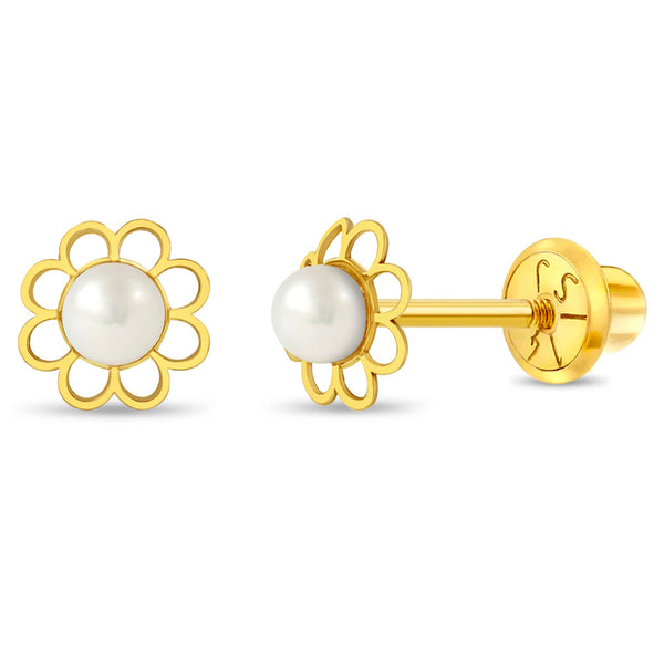14k Flower & Pearl Classic Toddler Earrings