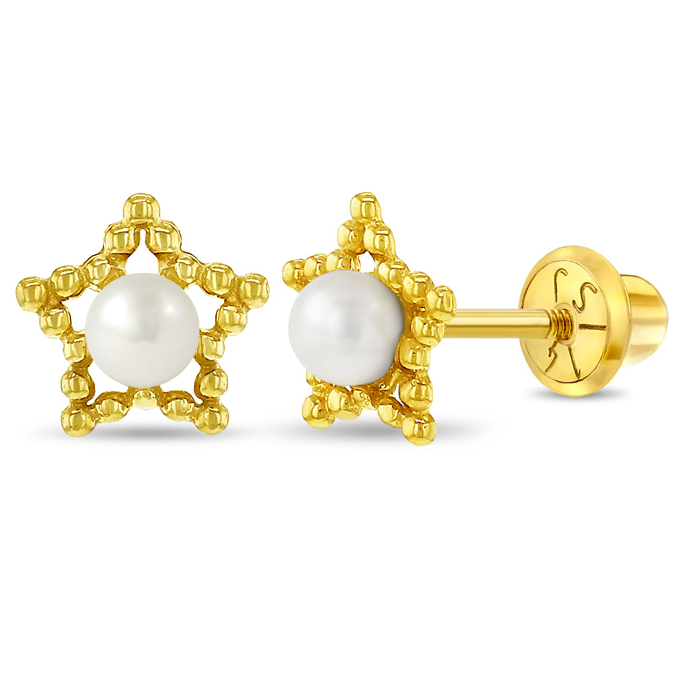 Pearl and CZ Flower Baby and Toddler Earrings in 18K Gold with Safety Screw  Backs