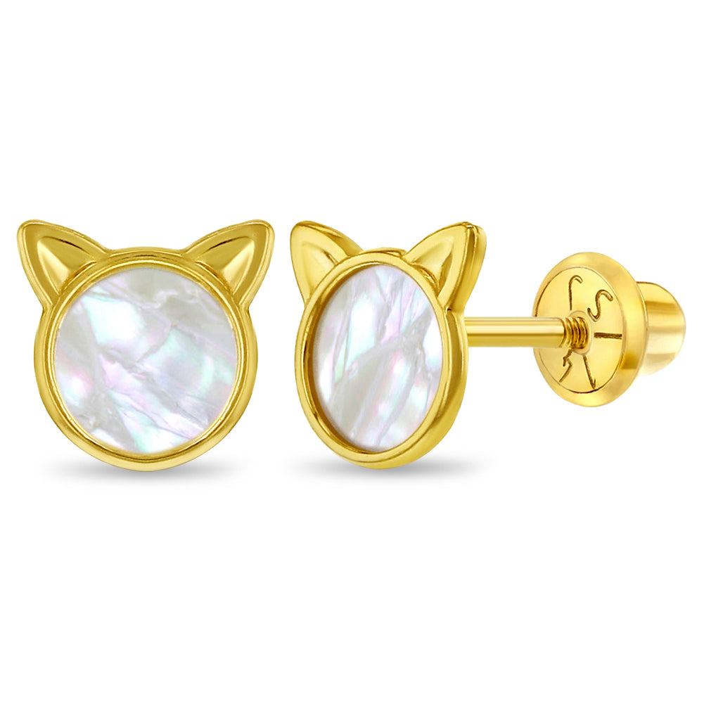 14k Gold Mother of Pearl Kitty Cat Kids / Children's / Girls Earrings Safety Screw Back