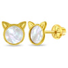 14k Gold Mother of Pearl Kitty Cat Kids / Children's / Girls Earrings Safety Screw Back