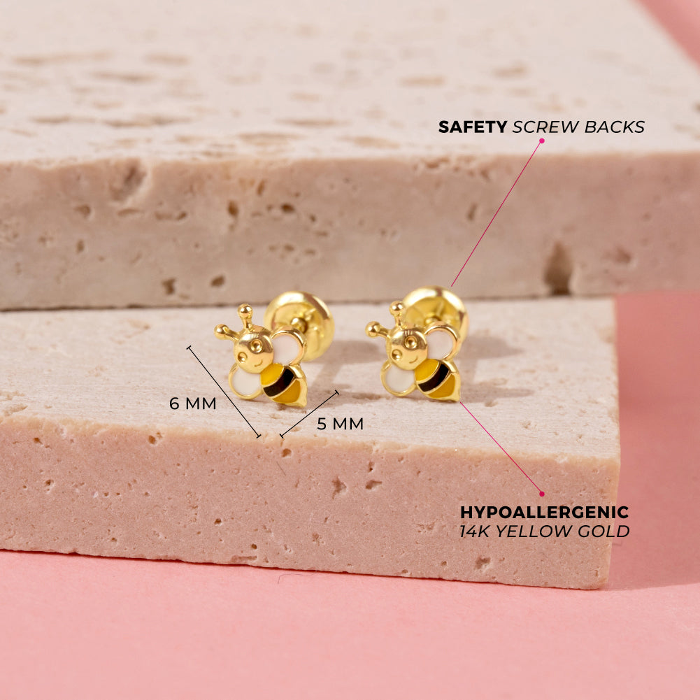 14k Gold Honey Bee Baby Toddler Kids Earrings Safety Screw Back En