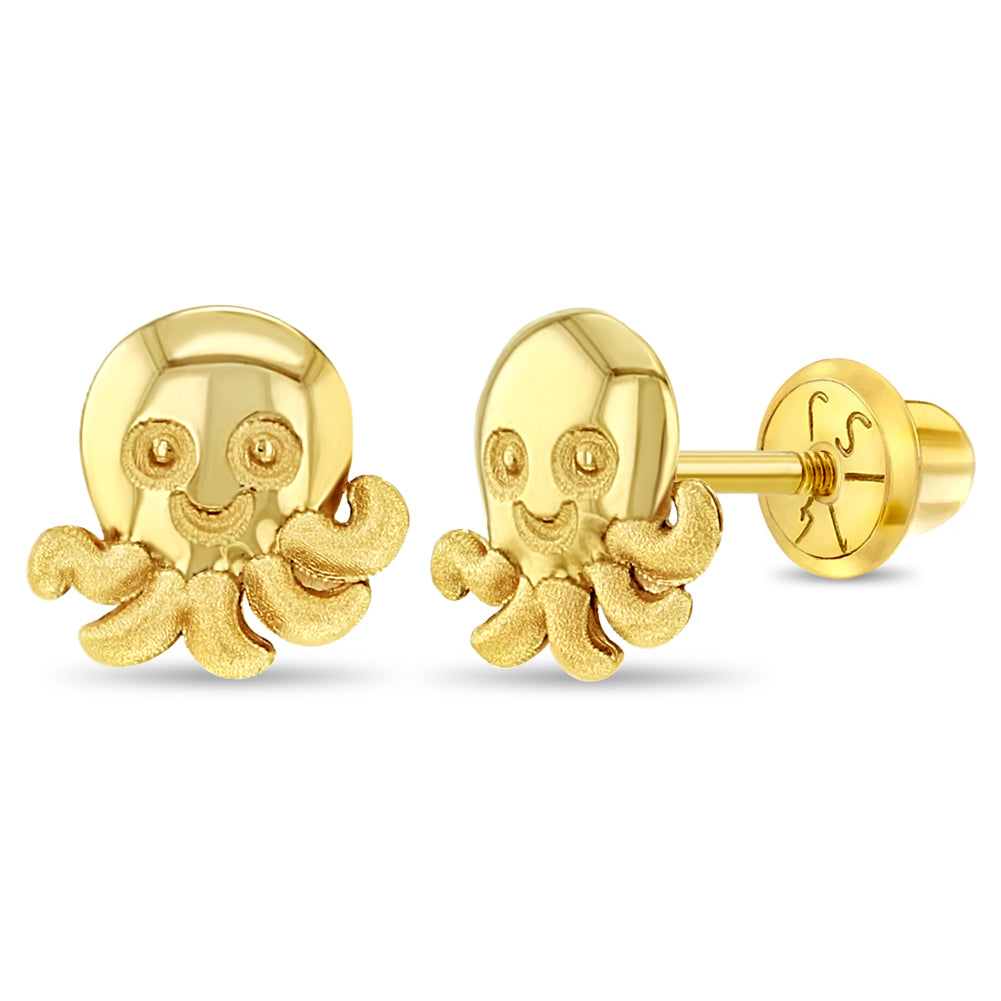 14k Gold Smiling Octopus Toddler / Kids / Girls Earrings Safety Screw Back
