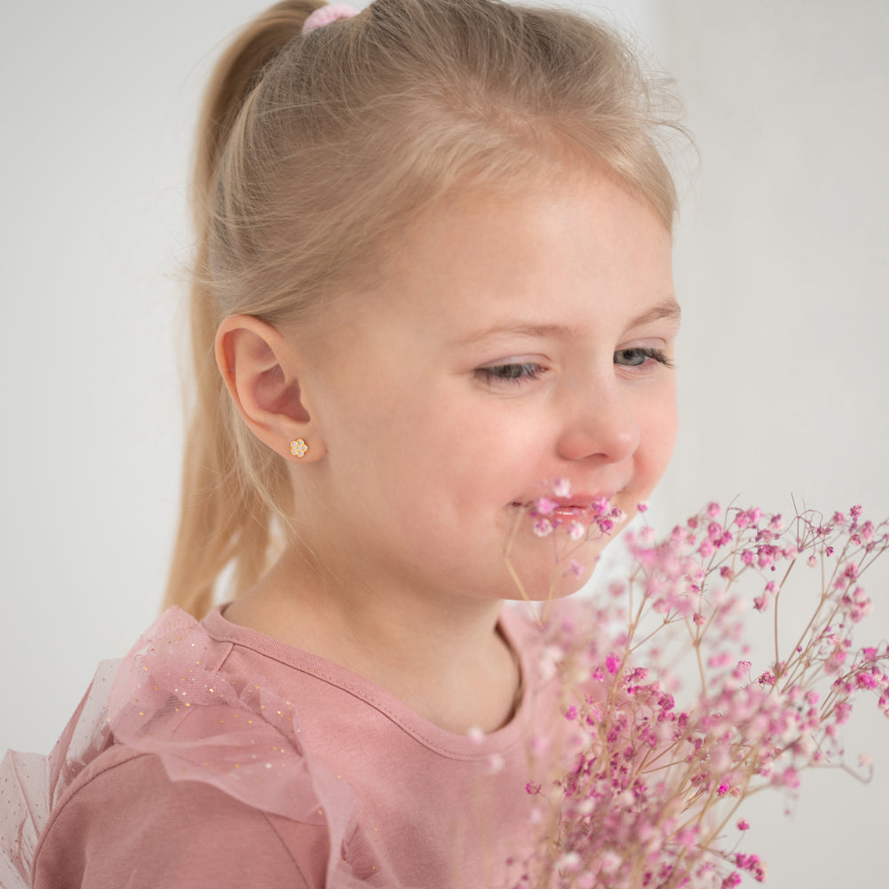 14k Gold Mother of Pearl Flower Toddler / Kids / Girls Earrings Safety