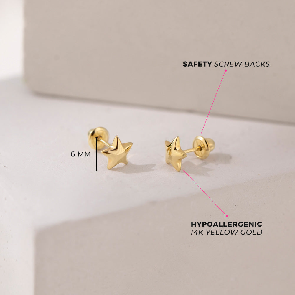 14k Gold Puffed Star Toddler / Kids / Girls Earrings Safety Screw Back