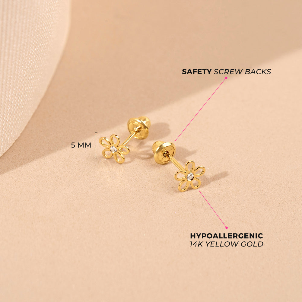 14k Gold CZ Flower Clear Toddler Kids Girls Earrings Safety Screw