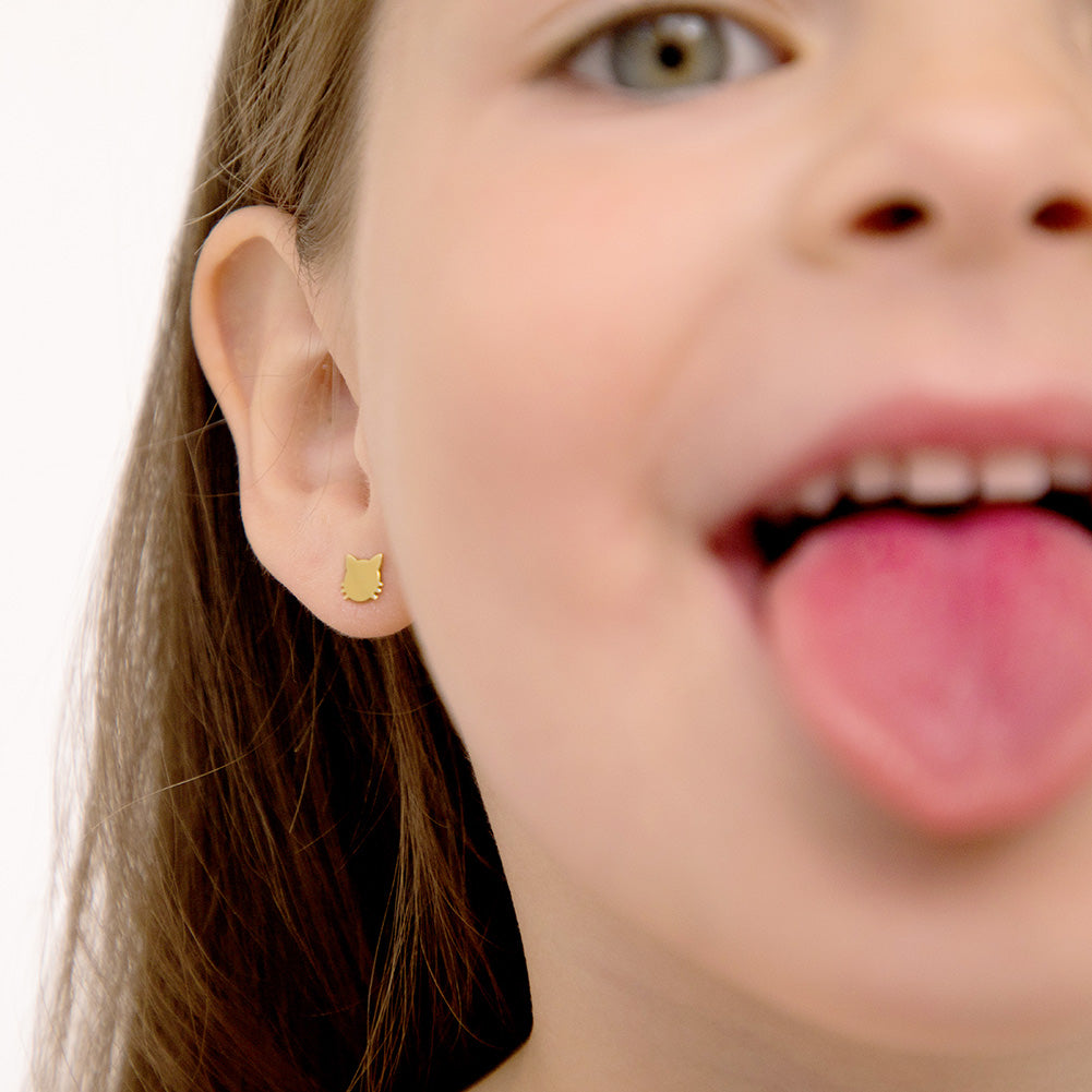 14k Gold Polished Kitty Kids / Children's / Girls Earrings Safety Screw Back