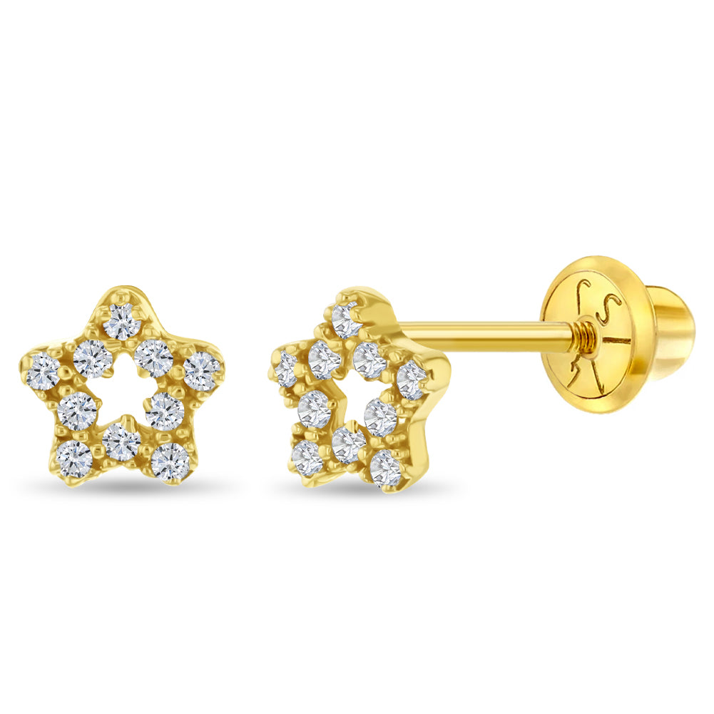 14k Gold CZ Encrusted Star Clear Baby / Toddler / Kids Earrings Safety Screw Back