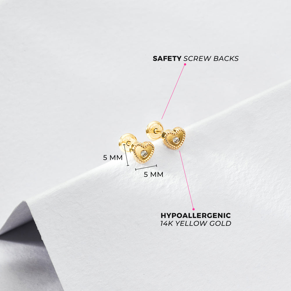 14k Gold Bezel Set Heart Clear Baby / Toddler / Kids Earrings Safety S