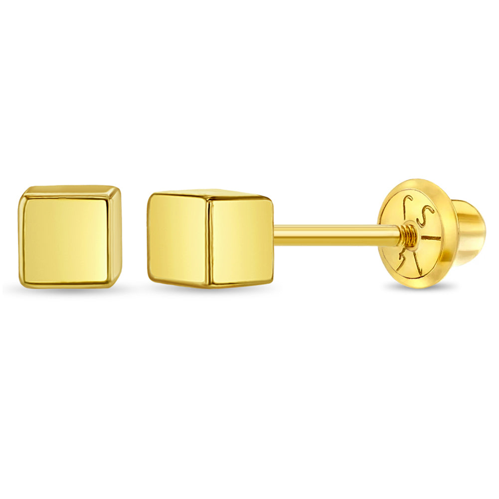 14k Gold Tiny Cubed Baby / Toddler / Kids Earrings Safety Screw Back
