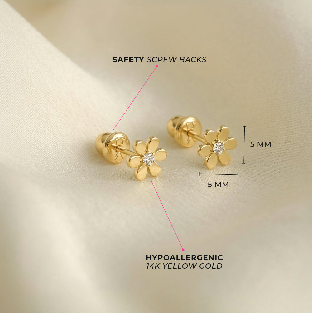 14k Gold Tiny Flower Clear CZ Baby / Toddler / Kids Earrings Safety Sc