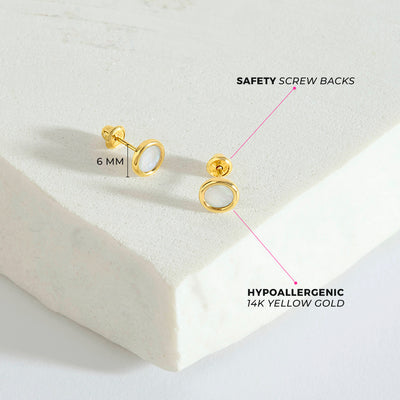 14k Gold Mother of Pearl Bezel Kids / Children's / Girls Earrings Safety Screw Back