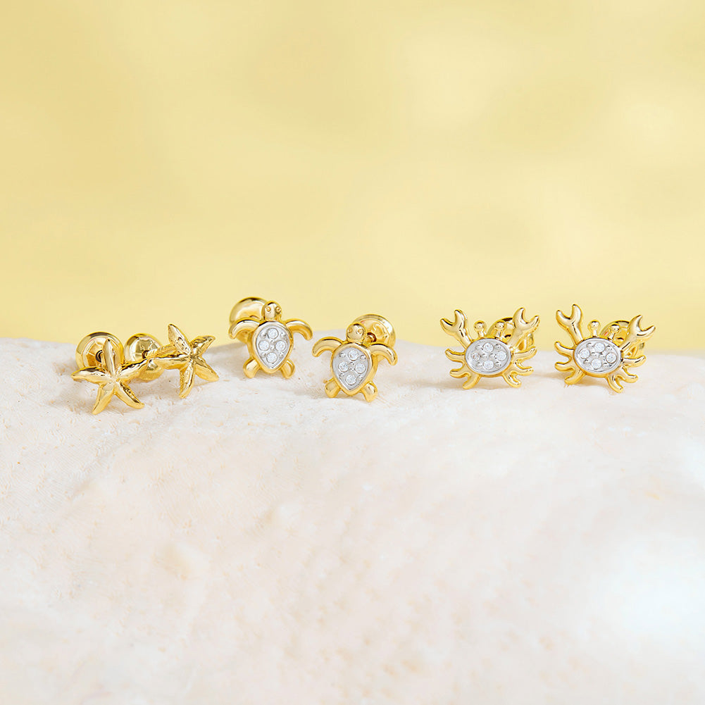 14k Gold Curious Crab Kids / Children's / Girls Earrings Safety Screw Back