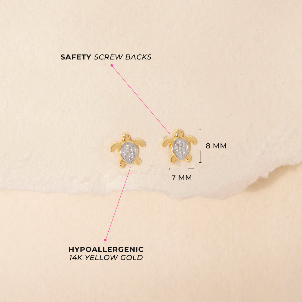 14k Gold Twinkle Turtle Kids / Children's / Girls Earrings Safety Screw Back