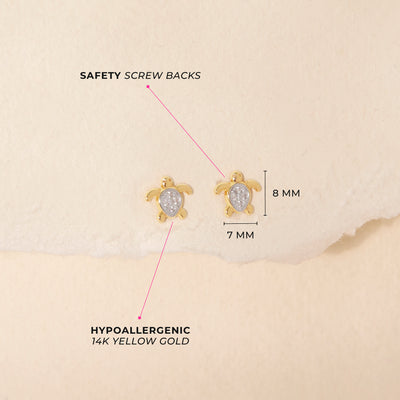 14k Gold Twinkle Turtle Kids / Children's / Girls Earrings Safety Screw Back