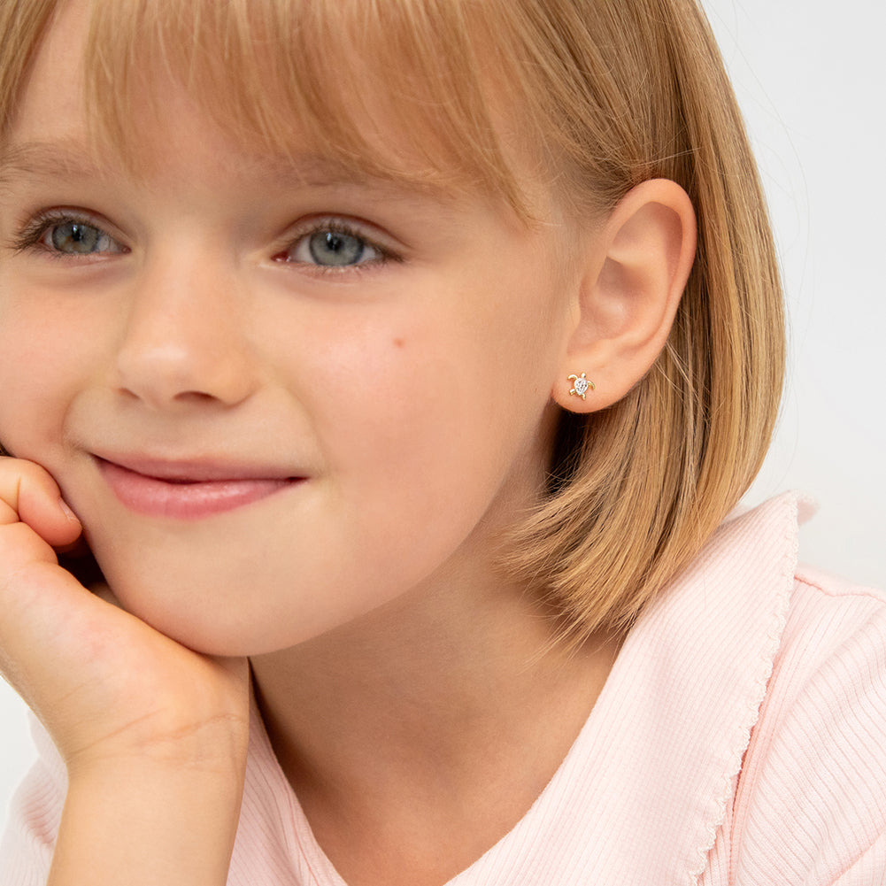 14k Gold Twinkle Turtle Kids / Children's / Girls Earrings Safety Screw Back