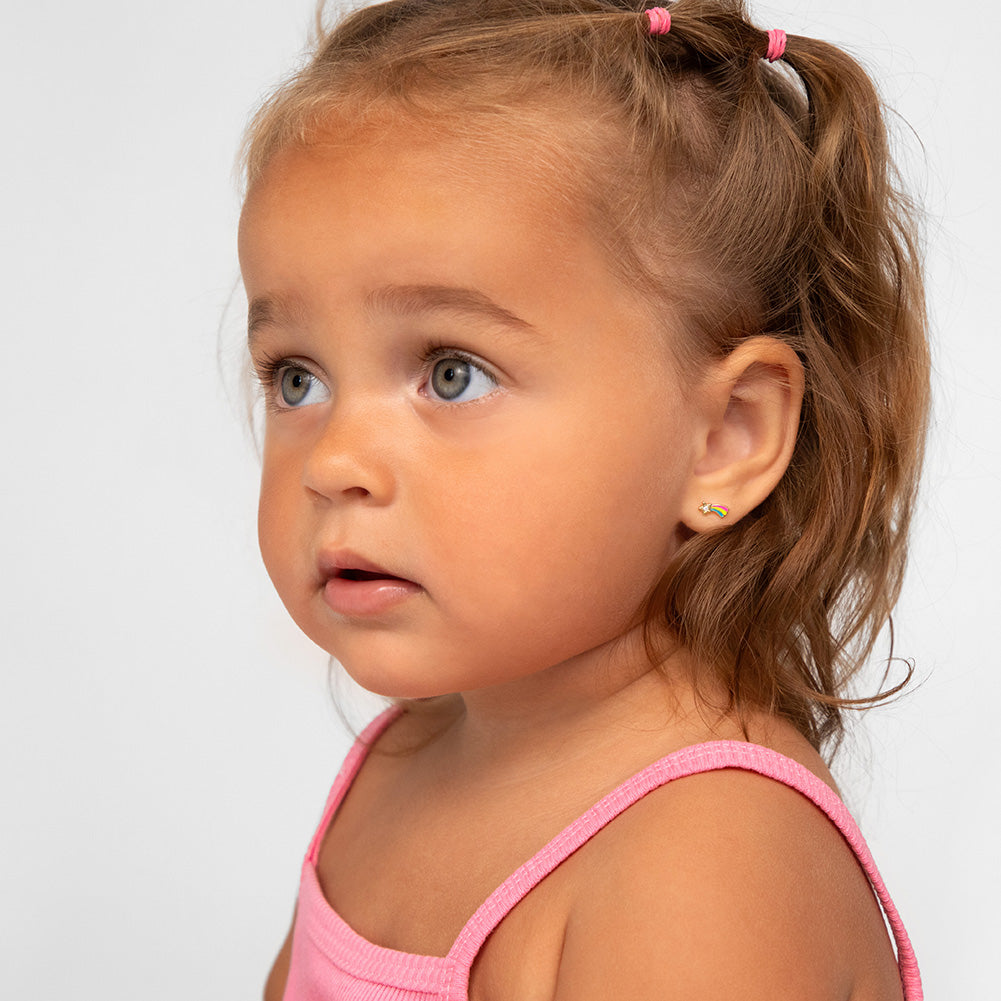 14k Gold Shooting Star Toddler / Kids / Girls Earrings Safety Screw Back Enamel