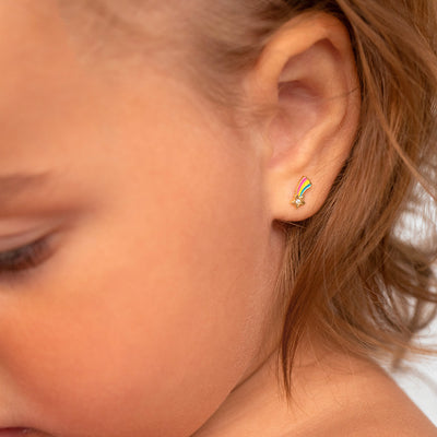14k Gold Shooting Star Toddler / Kids / Girls Earrings Safety Screw Back Enamel