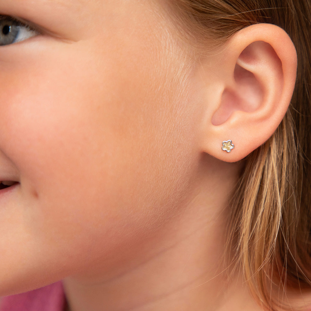 14k Gold Diamond Cut Flower Toddler / Kids / Girls Earrings Safety Screw Back