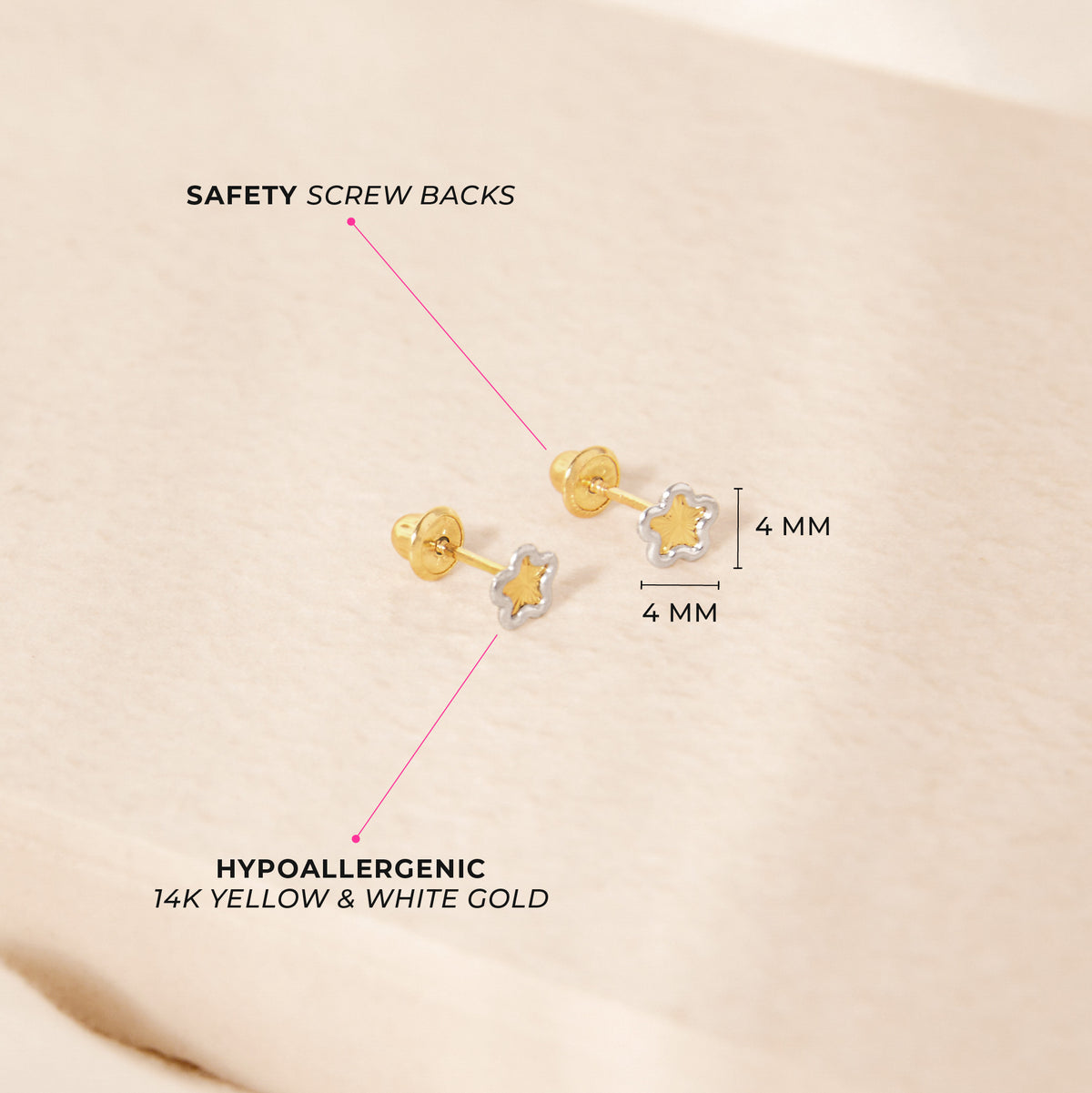 14k Gold Diamond Cut Flower Toddler / Kids / Girls Earrings Safety Screw Back