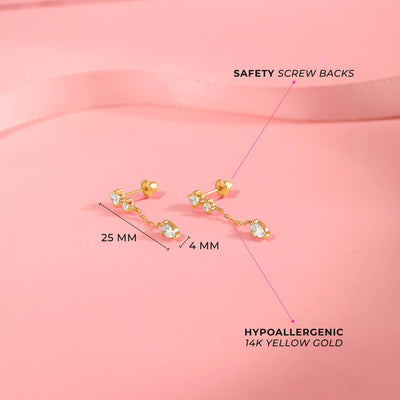 14k Gold Dangle CZ Kids / Children's / Girls Earrings Safety Screw Back