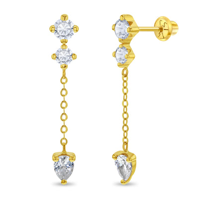 14k Gold Dangle CZ Teen Earrings Safety Screw Back