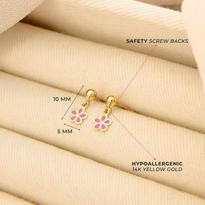 14k Gold Dangle Enamel Flower Kids / Children's / Girls Earrings Safety Screw Back