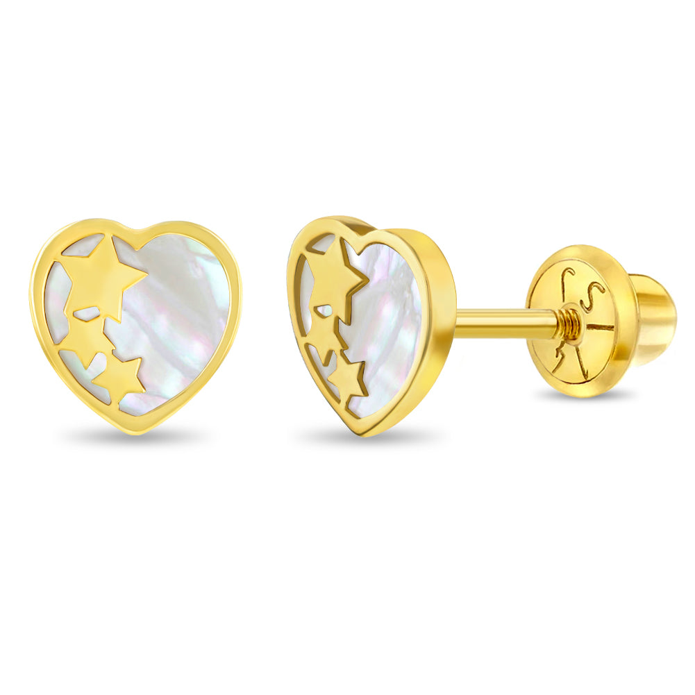 Mother of Pearl Star Banded Heart Kids / Children's Earrings Safety Screw Back