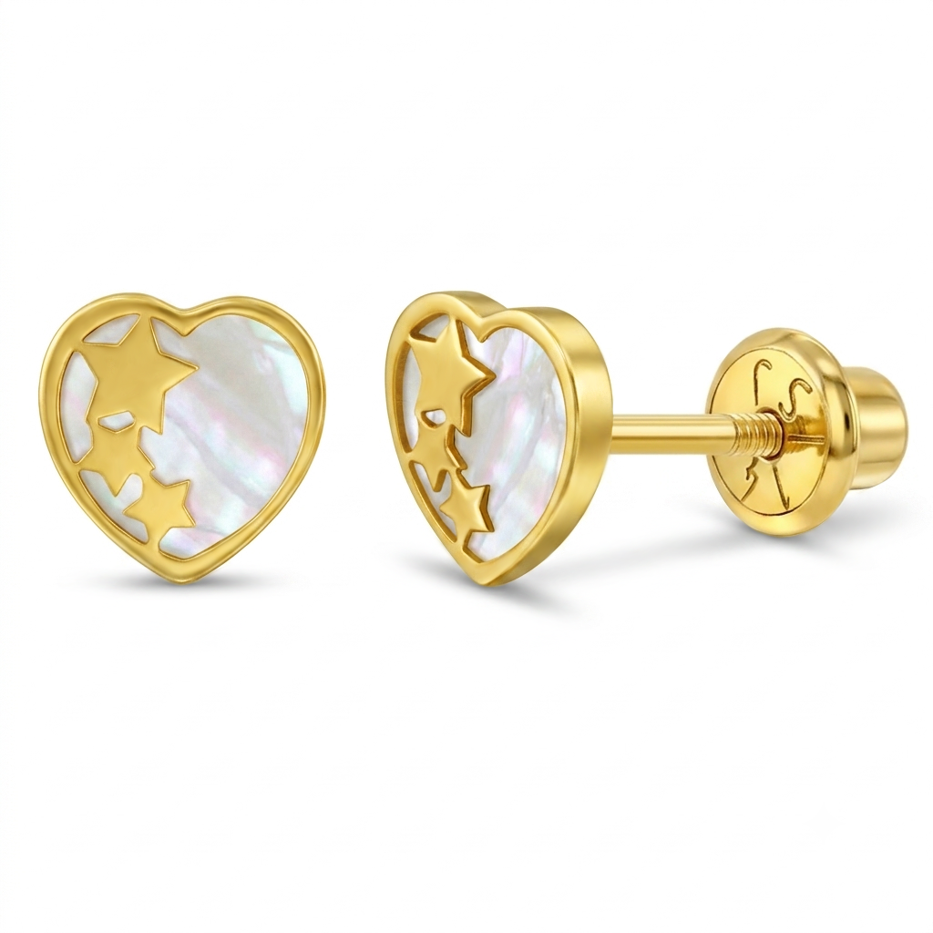 Mother of Pearl Star Banded Heart Kids / Children's Earrings Safety Screw Back