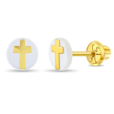 14k Gold Cross Mother of Pearl Baby / Toddler / Kids Earrings Safety Screw Back