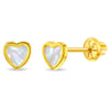 14k Gold Mother of Pearl Heart Baby / Toddler / Kids Earrings Safety Screw Back Bezel