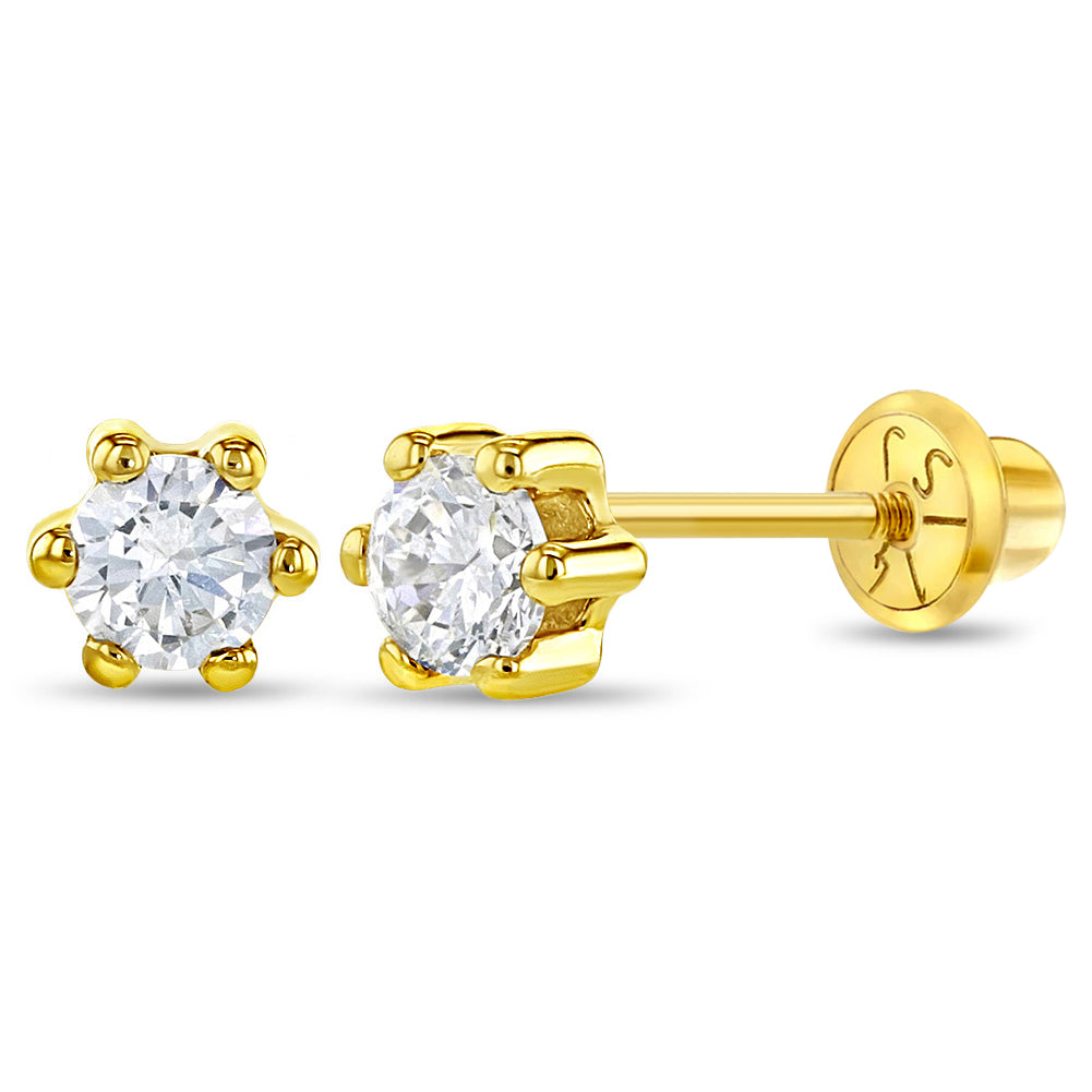 14K Yellow Gold White/Pink CZ Flower Shaped Screw Back Earrings for Girls Pink CZ