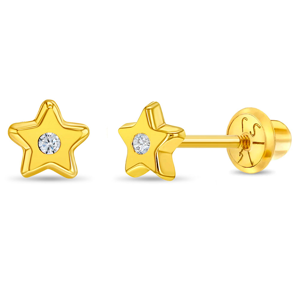 14k Gold Polished CZ Star Baby / Toddler / Kids Earrings Safety Screw Back