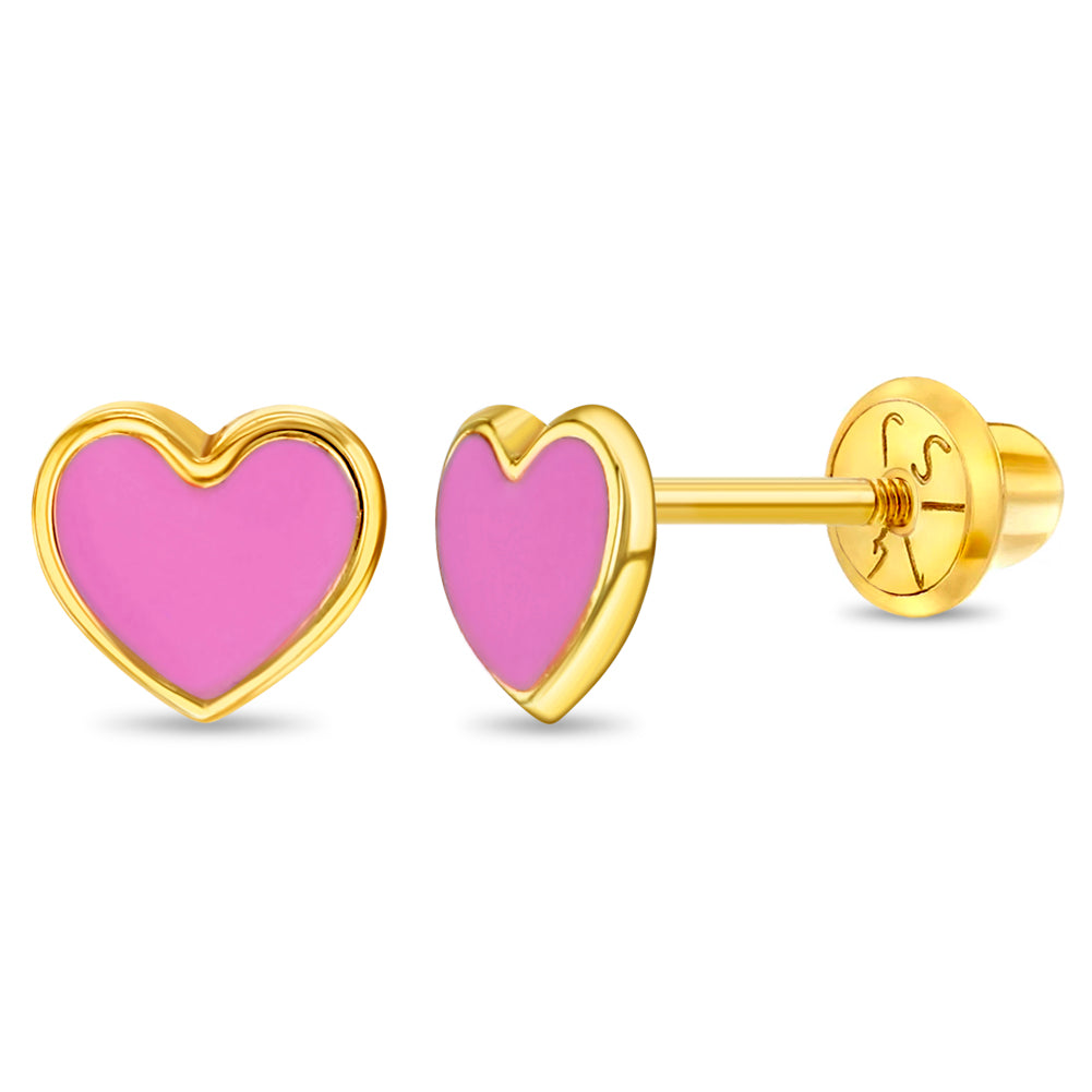 14k Gold Pink Heart Baby / Toddler / Kids Earrings Safety Screw Back Enamel