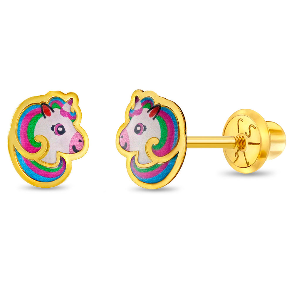 14k Gold Rainbow Mane Unicorn Baby / Toddler / Kids Earrings Safety Screw Back Enamel