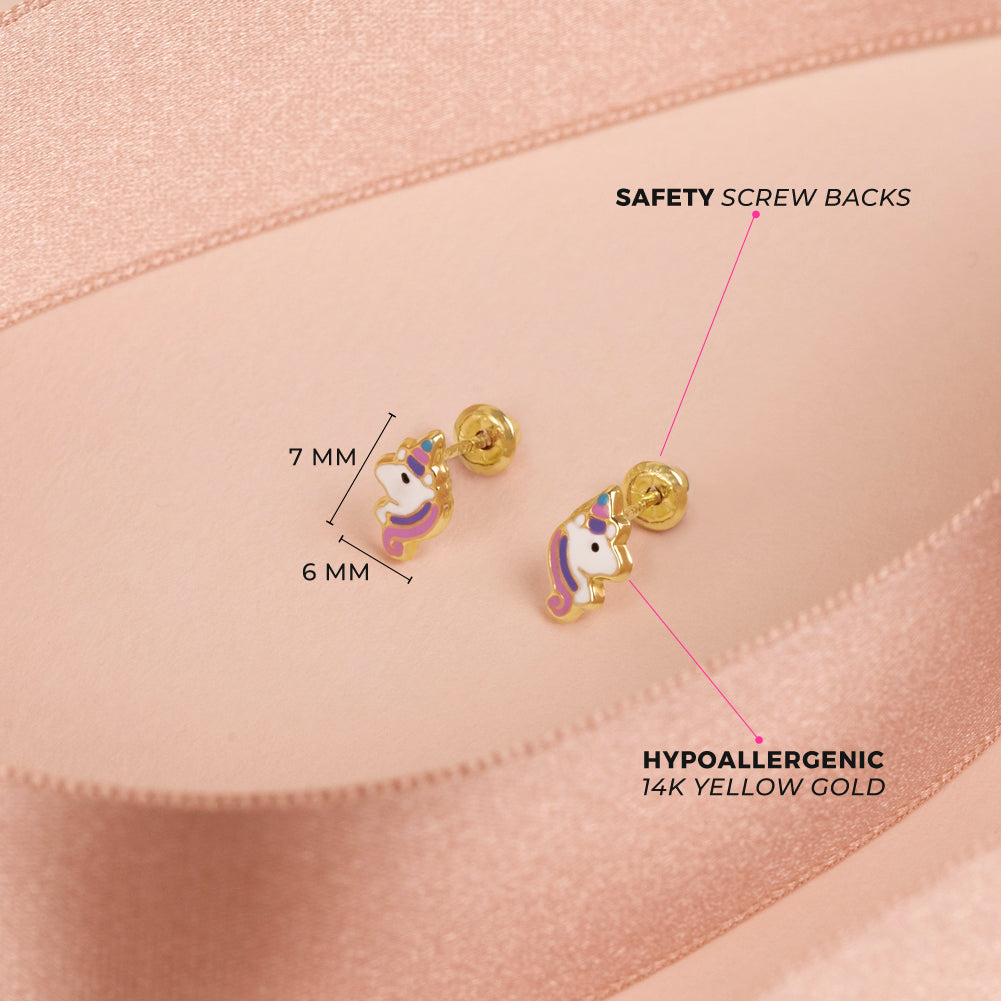 14k Gold Pastel Unicorn Baby / Toddler / Kids Earrings Safety Screw Back Enamel