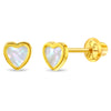 18k Gold Mother of Pearl Heart Baby / Toddler / Kids Earrings Safety Screw Back Bezel