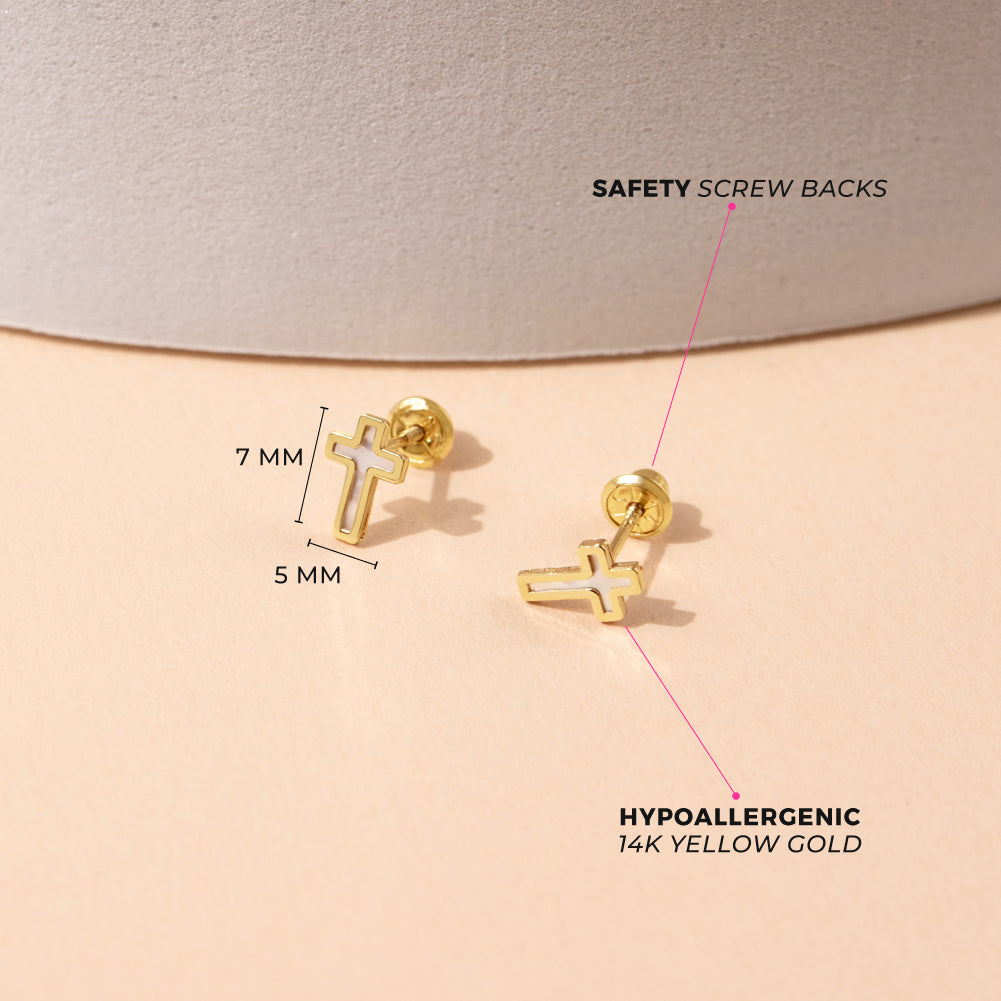 14k Gold Mother of Pearl Cross Kids / Children's / Girls Earrings Safe