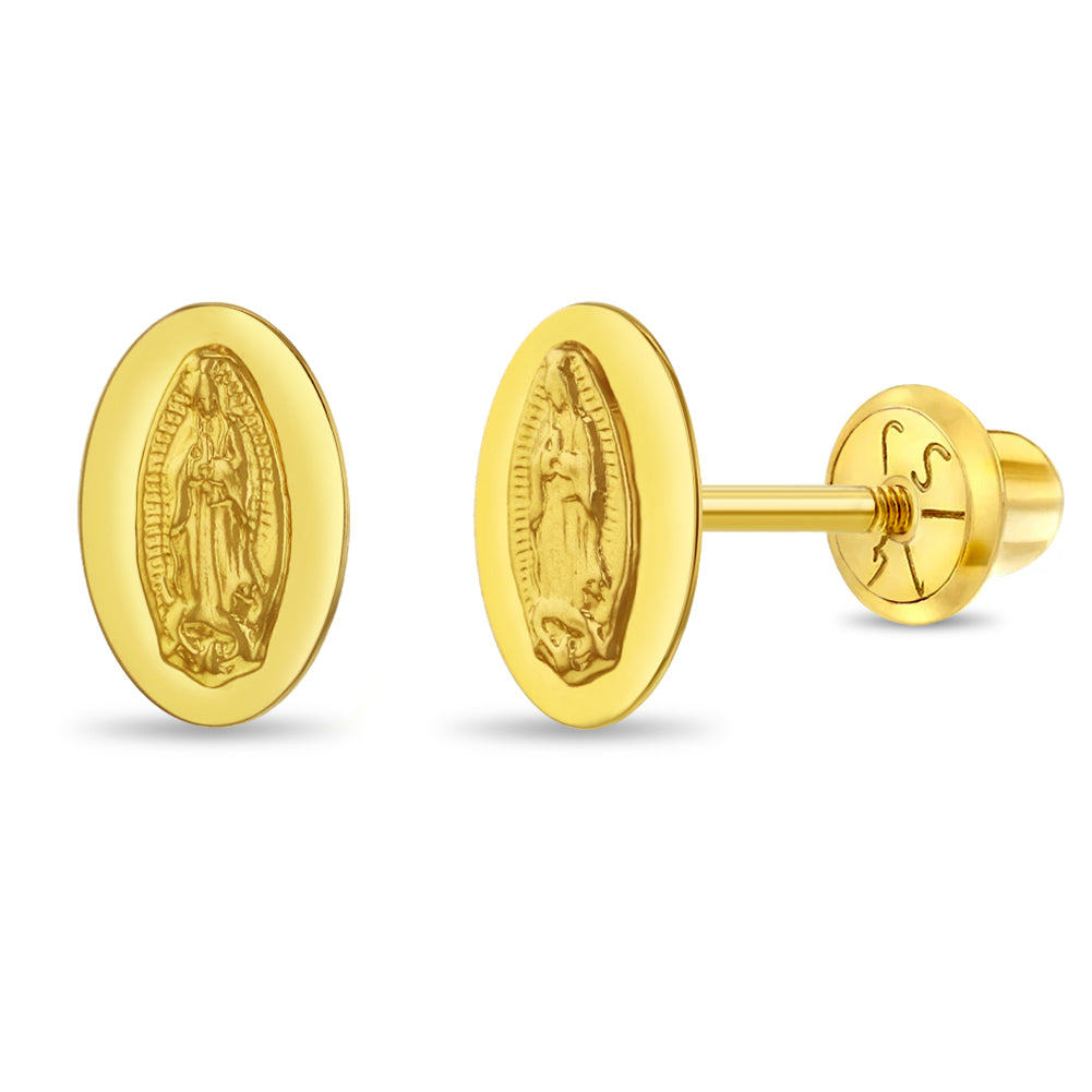 14k Gold Our Lady of Guadalupe Baby / Toddler / Kids Earrings Safety Screw Back